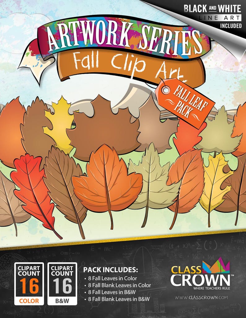 May include: Artwork Series Fall Clip Art pack featuring colorful and black and white fall leaves. The pack includes 16 color and 16 black and white clip art images of leaves. The text on the image says "Fall Leaf Pack".