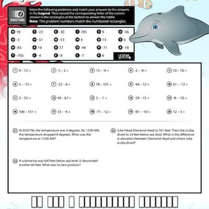 May include: Educational worksheet with math problems and a riddle. The title asks "Why didn't the dolphin drink out of cans?" Includes a cartoon dolphin, math problems, and a legend for answers. The worksheet is designed for subtracting integers.