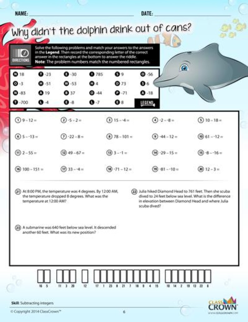 May include: Educational worksheet with math problems and a riddle. The title asks "Why didn't the dolphin drink out of cans?" Includes a cartoon dolphin, math problems, and a legend for answers. The worksheet is designed for subtracting integers.