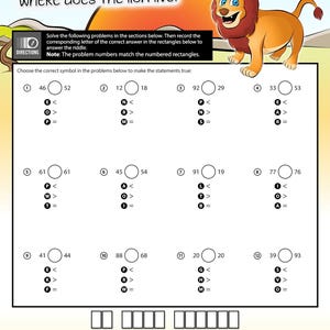 May include: A maths worksheet titled "Where does the lion live?" presents problems comparing 2-digit numbers. A cartoon lion is on the right. The worksheet includes instructions and a riddle to solve.