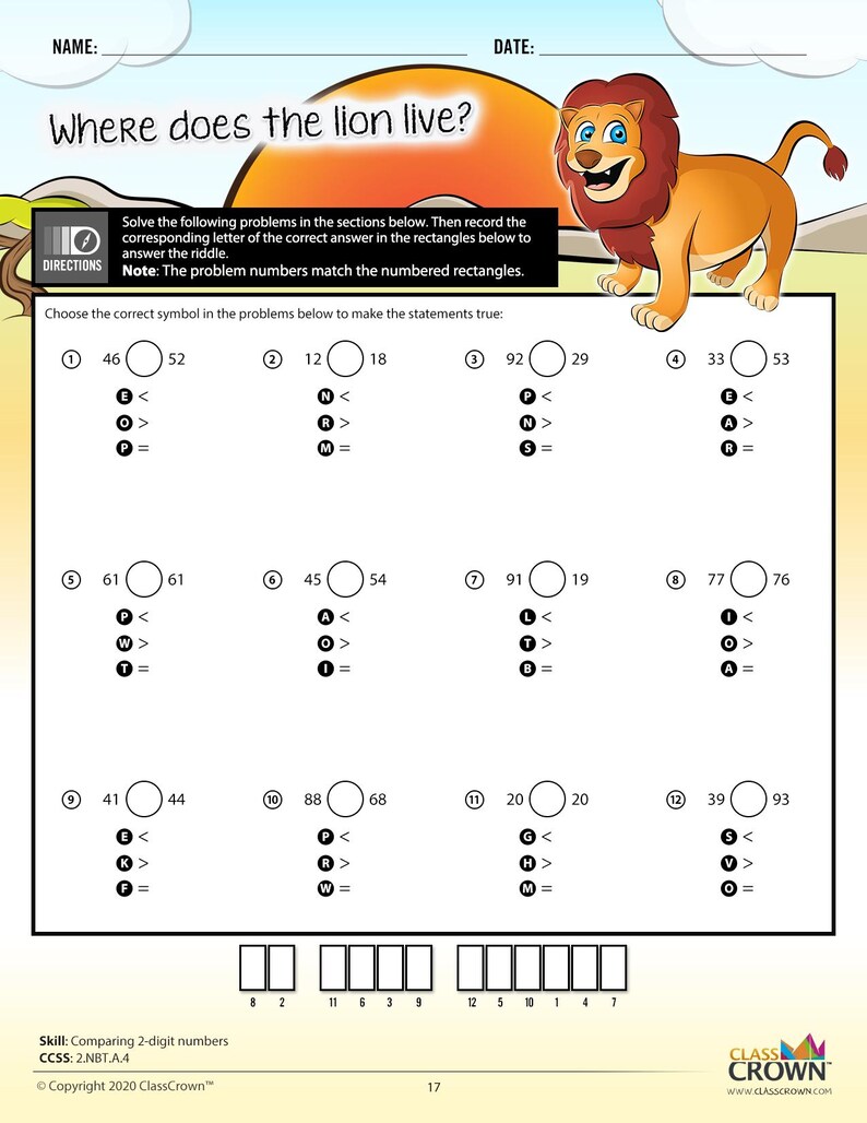 May include: A maths worksheet titled "Where does the lion live?" presents problems comparing 2-digit numbers. A cartoon lion is on the right. The worksheet includes instructions and a riddle to solve.