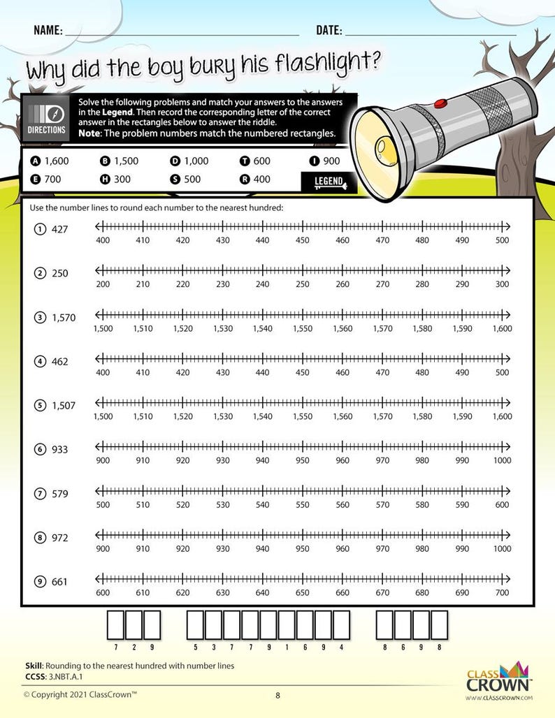 May include: Educational worksheet with the title "Why did the boy bury his flashlight?" featuring number lines for rounding to the nearest hundred. Includes a legend and a riddle with corresponding letters.