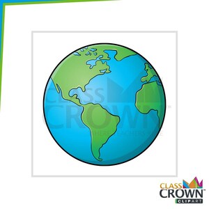 May include: A cartoon illustration of planet Earth, featuring continents in green and oceans in blue. The image is a simplified representation of the globe, suitable for educational or decorative purposes. The image has the text "CLASS CROWN CLIPART".