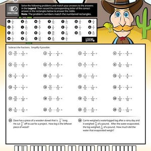 May include: A worksheet titled "Why were the cowboy's hands full?" features fraction subtraction problems and a cowboy cartoon. The worksheet includes a riddle and a legend to match answers. The bottom of the page includes word problems.