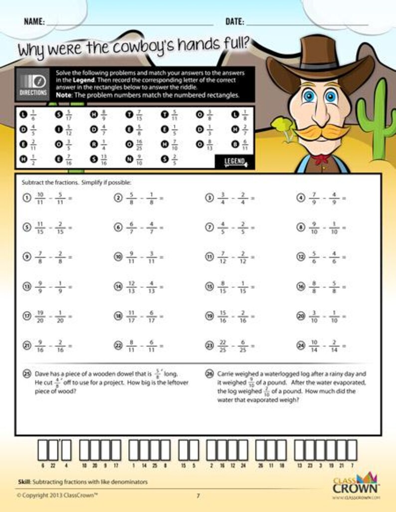 May include: A worksheet titled "Why were the cowboy's hands full?" features fraction subtraction problems and a cowboy cartoon. The worksheet includes a riddle and a legend to match answers. The bottom of the page includes word problems.