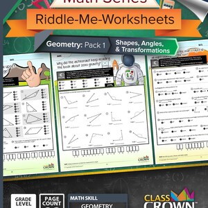 K&ouml;nnte beinhalten: Ein Paket mit 20 Riddle-Me-Arbeitsbl&auml;ttern f&uuml;r die Klassen 4-8, mit Schwerpunkt auf Geometrie, Formen, Winkeln und Transformationen. Das Cover zeigt den Text "Math Series" und "Geometry: Pack 1".
