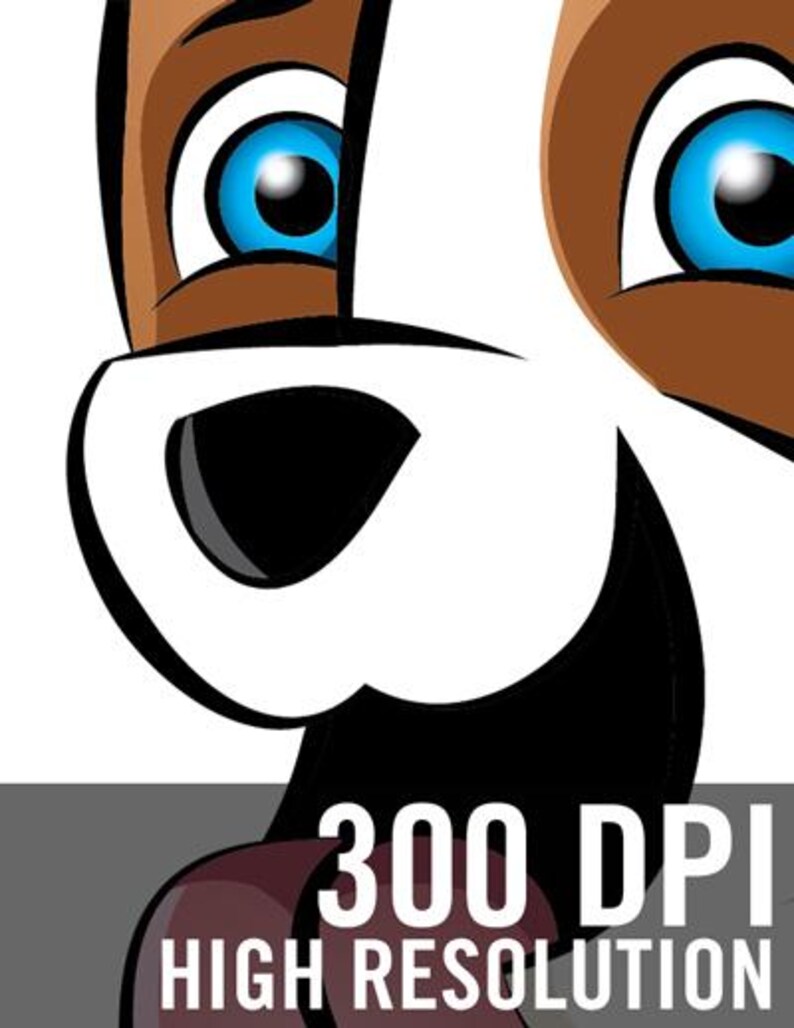Pu&ograve; includere: Illustrazione in primo piano del volto di un cane dei cartoni animati con occhi blu brillante, pelo marrone e muso bianco. L'immagine include il testo "300 DPI ALTA RISOLUZIONE".