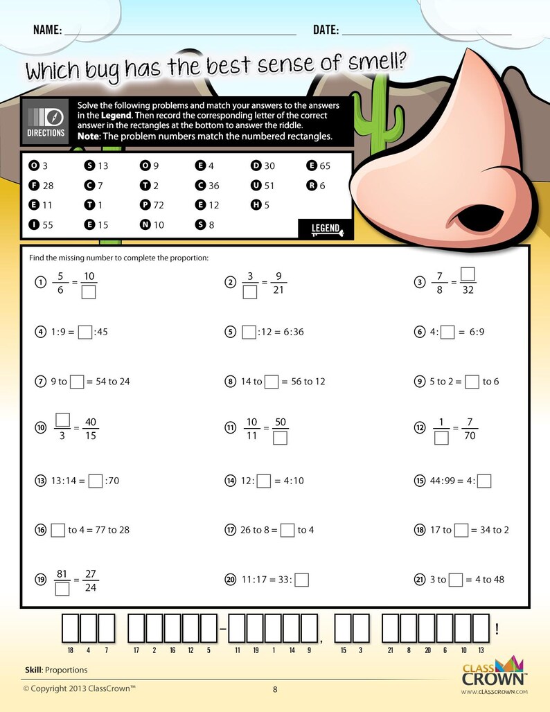 K&ouml;nnte beinhalten: Ein Arbeitsblatt mit dem Titel &bdquo;Welches Insekt hat den besten Geruchssinn?&ldquo; enth&auml;lt Aufgaben zur Proportion und ein R&auml;tsel. Die Seite enth&auml;lt eine Cartoon-Nasengrafik, eine Legende mit Buchstaben und Zahlen und einen Copyright-Hinweis.