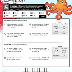 May include: Educational worksheet with math problems about buying with change. The worksheet includes tables with prices for items like brownies, muffins, and cupcakes. An orange octopus illustration is in the top right corner.