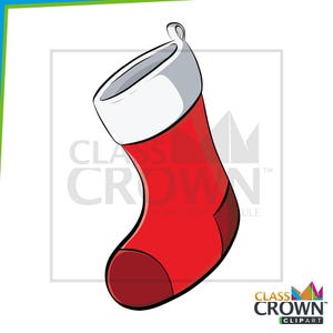 May include: A red Christmas stocking with a white cuff and a loop for hanging. The stocking has a simple, cartoon-like design with black outlines. The image is a digital illustration, perfect for holiday-themed projects.