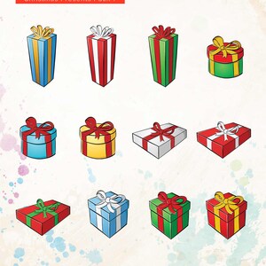 May include: A collection of illustrated Christmas presents in various shapes and colors. The gifts include blue, red, green, and yellow boxes, each adorned with bows in contrasting colors. The image is labeled "Christmas Clipart" and "Christmas Presents Pack 1."