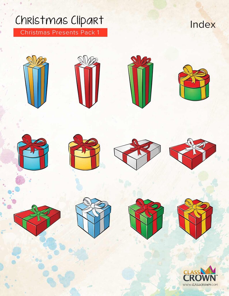 May include: A collection of illustrated Christmas presents in various shapes and colors. The gifts include blue, red, green, and yellow boxes, each adorned with bows in contrasting colors. The image is labeled "Christmas Clipart" and "Christmas Presents Pack 1."