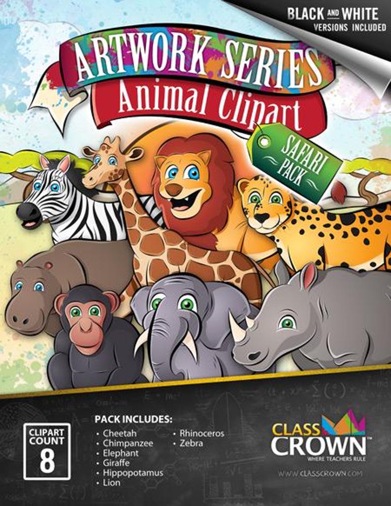 May include: A colorful illustration featuring cartoon animals, including a zebra, giraffe, lion, and cheetah. The image is labeled "Artwork Series Animal Clipart" and includes a "Safari Pack" tag. The pack includes 8 clipart images.