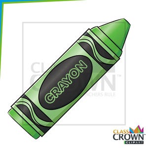 May include: A green crayon with a black oval label that reads "CRAYON" in green letters. The crayon has a light green body with darker green accents and a pointed tip. The image is a cartoon illustration.