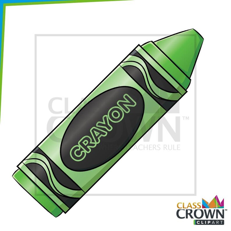 May include: A green crayon with a black oval label that reads "CRAYON" in green letters. The crayon has a light green body with darker green accents and a pointed tip. The image is a cartoon illustration.