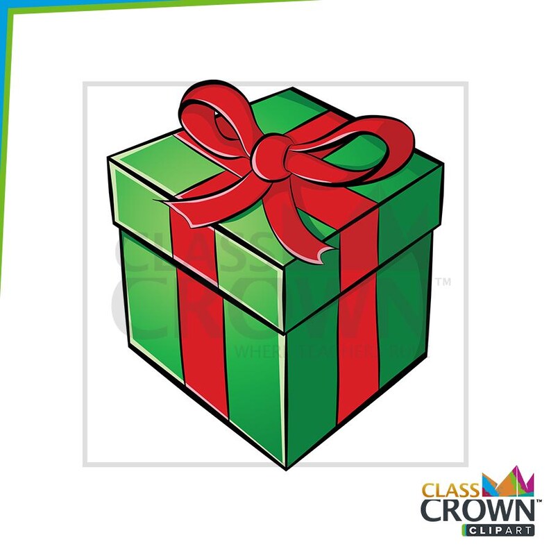 May include: A green gift box with a red bow. The box has red vertical stripes and a red bow on top. The gift box is a square shape and is on a white background.