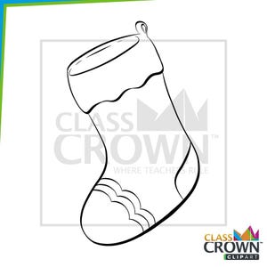 May include: A black and white line drawing of a Christmas stocking. The stocking has a scalloped cuff and decorative details on the toe. The text "CLASS CROWN" and "WHERE TEACHERS RULE" is visible.