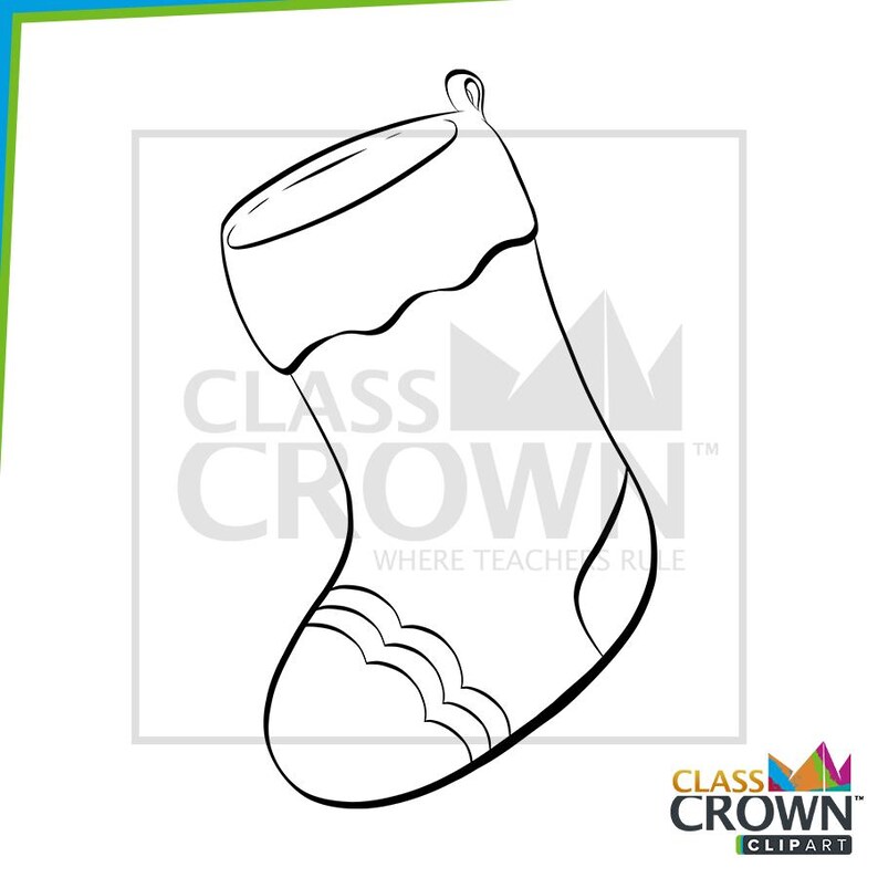 May include: A black and white line drawing of a Christmas stocking. The stocking has a scalloped cuff and decorative details on the toe. The text "CLASS CROWN" and "WHERE TEACHERS RULE" is visible.