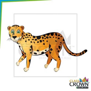 May include: A cartoon illustration of a cheetah with a tan body, black spots, and a white underbelly. The cheetah has green eyes and is walking with its head turned slightly to the left.