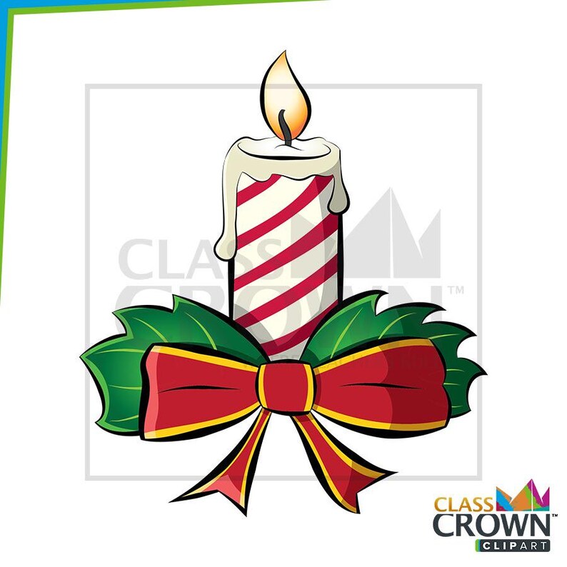 May include: A lit Christmas candle with red and white stripes, surrounded by green leaves and a red bow. The candle has a yellow flame and white wax dripping down the sides. A festive holiday design.