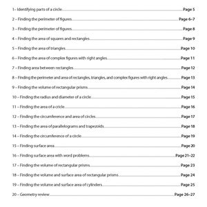 K&ouml;nnte beinhalten: Eine wei&szlig;e Seite mit dem Titel &bdquo;Inhaltsverzeichnis&ldquo; und einer Liste von Geometrie-Themen. Themen sind das Finden von Umfang, Fl&auml;chen und Volumen verschiedener Formen, mit entsprechenden Seitenzahlen.