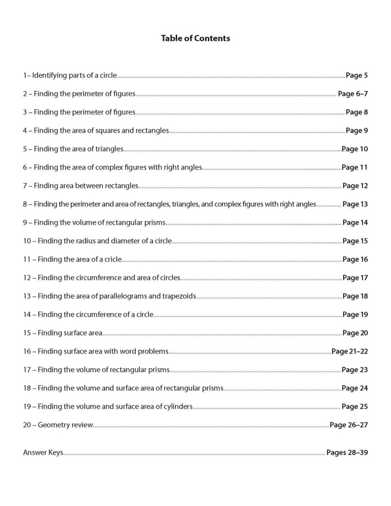 K&ouml;nnte beinhalten: Eine wei&szlig;e Seite mit dem Titel &bdquo;Inhaltsverzeichnis&ldquo; und einer Liste von Geometrie-Themen. Themen sind das Finden von Umfang, Fl&auml;chen und Volumen verschiedener Formen, mit entsprechenden Seitenzahlen.