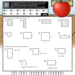Puede incluir: Una hoja de trabajo con problemas de matem&aacute;ticas sobre &aacute;rea y per&iacute;metro. El t&iacute;tulo pregunta: "&iquest;Por qu&eacute; la manzana se qued&oacute; en casa de la escuela?" Un gr&aacute;fico de una manzana roja est&aacute; en la esquina superior derecha. La hoja incluye rect&aacute;ngulos numerados y ecuaciones.
