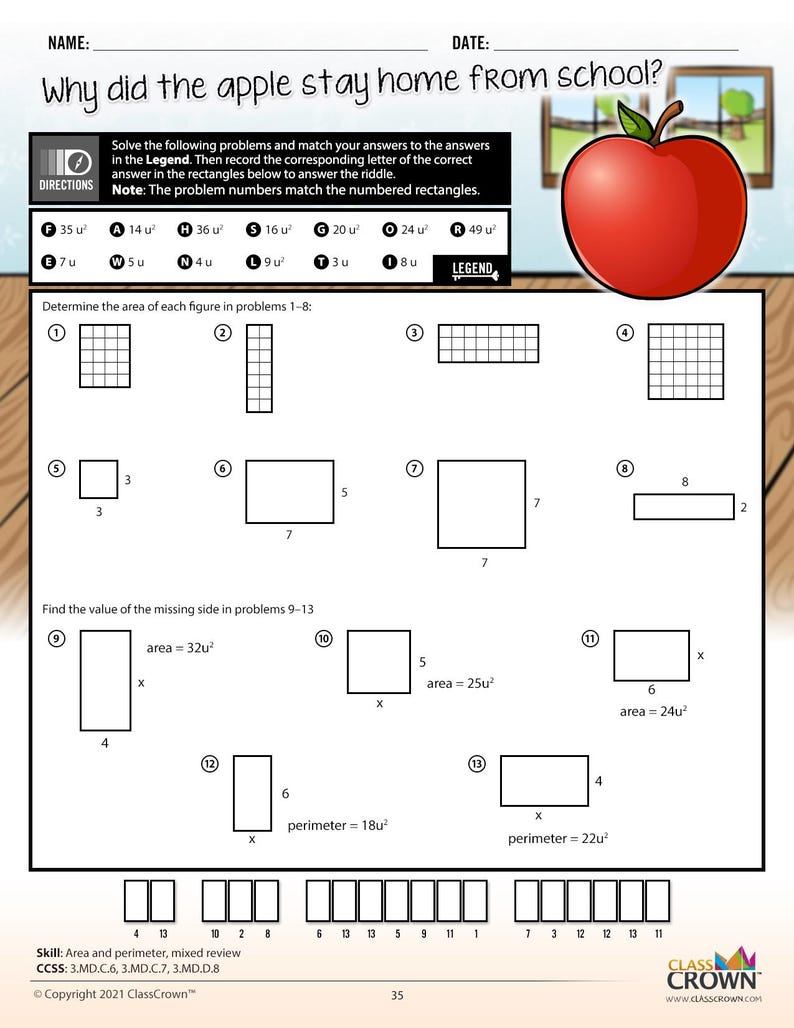 Puede incluir: Una hoja de trabajo con problemas de matem&aacute;ticas sobre &aacute;rea y per&iacute;metro. El t&iacute;tulo pregunta: "&iquest;Por qu&eacute; la manzana se qued&oacute; en casa de la escuela?" Un gr&aacute;fico de una manzana roja est&aacute; en la esquina superior derecha. La hoja incluye rect&aacute;ngulos numerados y ecuaciones.