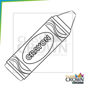 May include: Black and white illustration of a crayon. The word "CRAYON" is printed in a white oval on the crayon's body. The crayon is a drawing tool, commonly used for coloring and drawing.