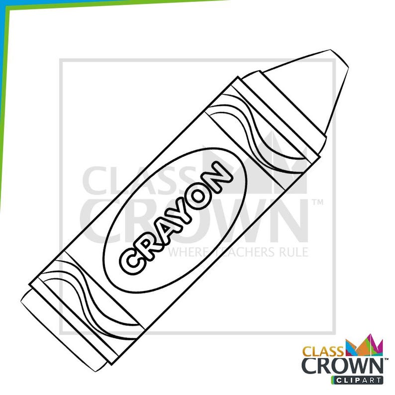May include: Black and white illustration of a crayon. The word "CRAYON" is printed in a white oval on the crayon's body. The crayon is a drawing tool, commonly used for coloring and drawing.