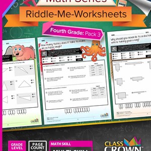 May include: A colorful educational worksheet pack for fourth grade math, featuring the title "Riddle-Me-Worksheets." The cover displays the text "Math Series" and "Fourth Grade: Pack 3." The pack includes 30 pages of multi-skill math problems.