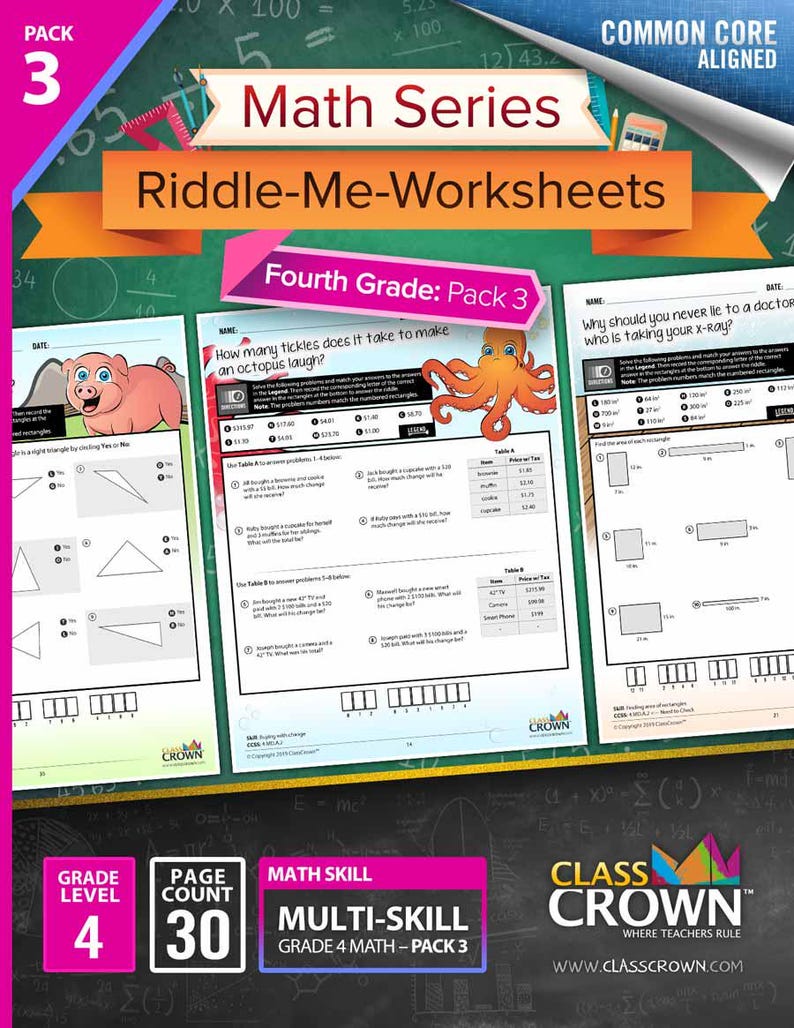 May include: A colorful educational worksheet pack for fourth grade math, featuring the title "Riddle-Me-Worksheets." The cover displays the text "Math Series" and "Fourth Grade: Pack 3." The pack includes 30 pages of multi-skill math problems.