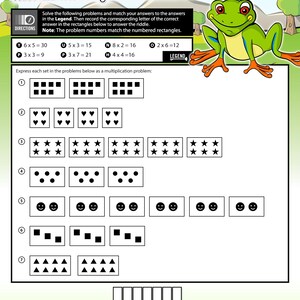 May include: A worksheet with the title "How did the frog feel when he broke his leg?" features multiplication problems and a frog illustration. The worksheet includes a legend and directions for solving the problems.
