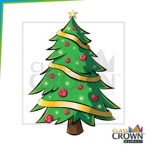 May include: A cartoon Christmas tree with green needles, red ornaments, and a gold ribbon. A gold star sits atop the tree. The tree has a brown trunk. The image includes the text "CLASS CROWN CLIPART".