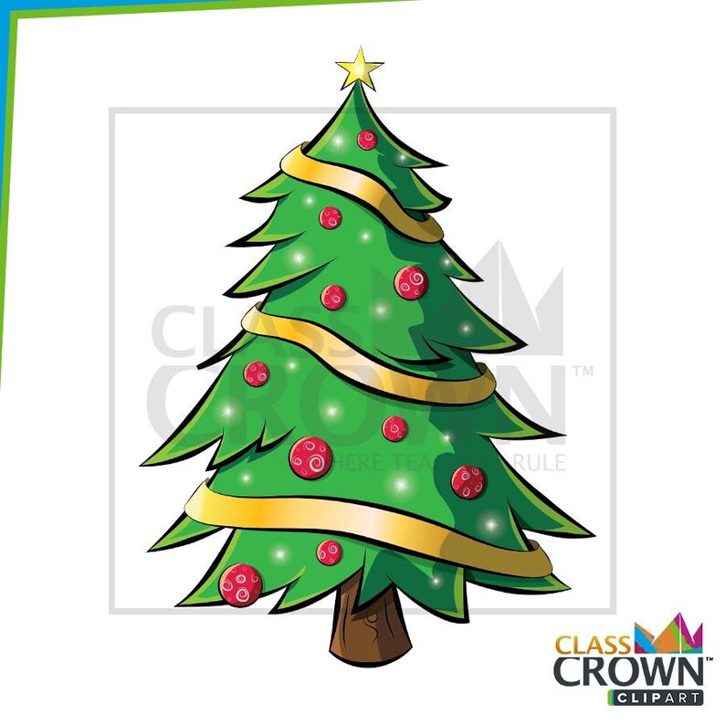 May include: A cartoon Christmas tree with green needles, red ornaments, and a gold ribbon. A gold star sits atop the tree. The tree has a brown trunk. The image includes the text "CLASS CROWN CLIPART".