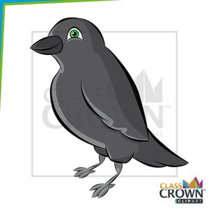 May include: A cartoon illustration of a crow with gray feathers, a black beak, and green eyes. The crow is standing on two gray feet. The image has a white background with the words "CLASS CROWN CLIPART" at the bottom.