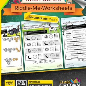 May include: A colourful educational worksheet pack for second grade maths, featuring the title "Math Series Riddle-Me-Worksheets." The pack includes pages with maths problems, clocks, and measurement exercises. The cover displays the text "Pack 1" and "Multi-Skill Grade 2 Math - Pack 1."
