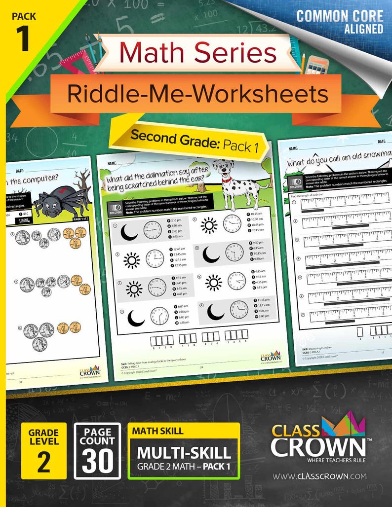 May include: A colourful educational worksheet pack for second grade maths, featuring the title "Math Series Riddle-Me-Worksheets." The pack includes pages with maths problems, clocks, and measurement exercises. The cover displays the text "Pack 1" and "Multi-Skill Grade 2 Math - Pack 1."
