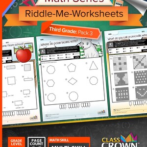 May include: A pack of third-grade math worksheets titled "Riddle-Me-Worksheets" with the text "Math Series" and "Multi-Skill". The worksheets include geometry and word problems. The pack contains 30 pages.