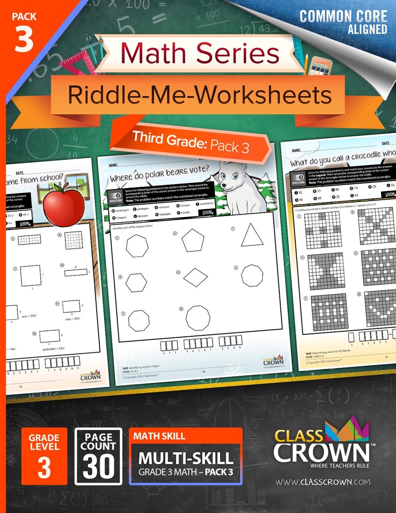 May include: A pack of third-grade math worksheets titled "Riddle-Me-Worksheets" with the text "Math Series" and "Multi-Skill". The worksheets include geometry and word problems. The pack contains 30 pages.