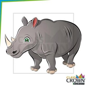 May include: A cartoon illustration of a gray rhinoceros with a white horn, green eyes, and pink ears. The rhino is standing on all fours, with a smiling expression. The image includes the text "CLASS CROWN CLIPART".