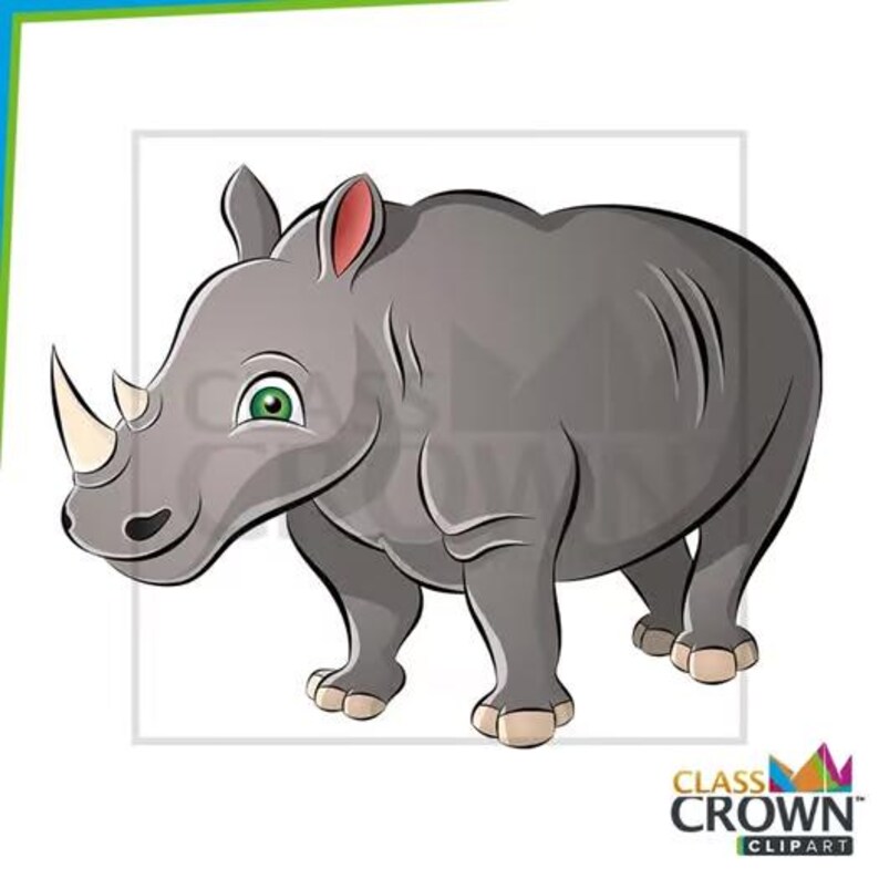 May include: A cartoon illustration of a gray rhinoceros with a white horn, green eyes, and pink ears. The rhino is standing on all fours, with a smiling expression. The image includes the text "CLASS CROWN CLIPART".