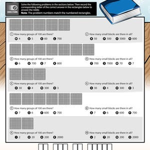 May include: A worksheet with maths problems about identifying groups of 100 and small blocks. The title asks, "Why was the cowardly book thrown out of the library?" The worksheet includes a blue book illustration and the ClassCrown logo.