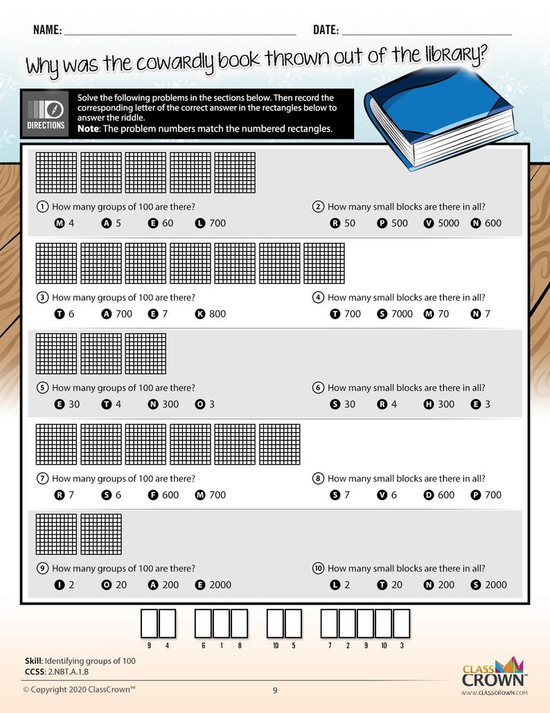 May include: A worksheet with maths problems about identifying groups of 100 and small blocks. The title asks, "Why was the cowardly book thrown out of the library?" The worksheet includes a blue book illustration and the ClassCrown logo.