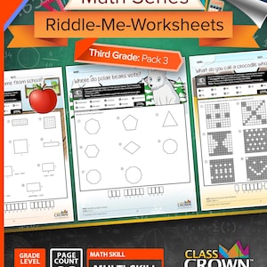Puede incluir: Un paquete de hojas de trabajo de matem&aacute;ticas de tercer grado titulado "Riddle-Me-Worksheets" con el texto "Math Series" y "Multi-Skill". Las hojas de trabajo incluyen geometr&iacute;a y problemas de palabras. El paquete contiene 30 p&aacute;ginas.