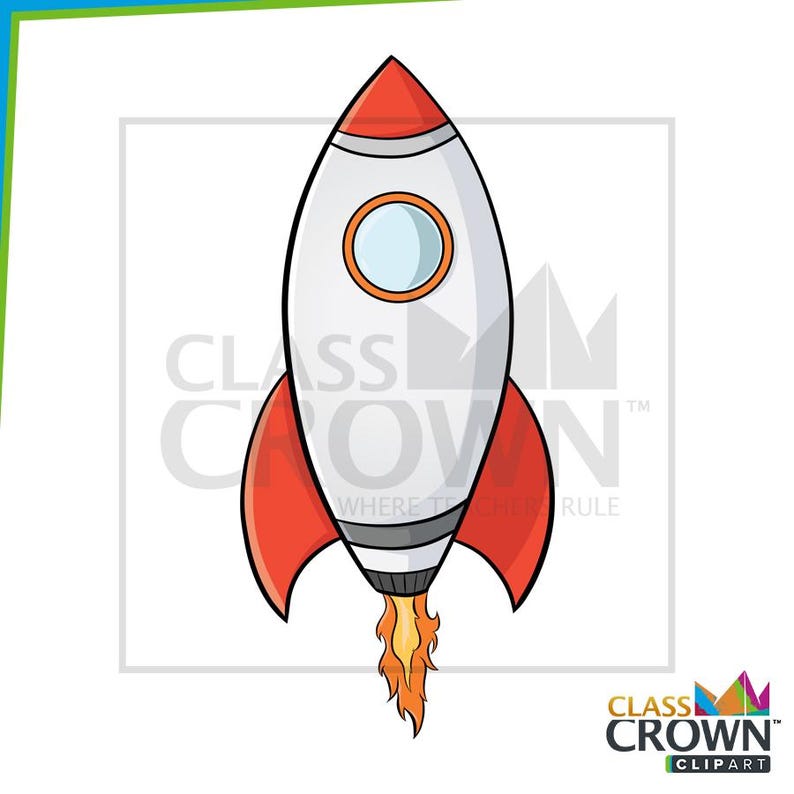 May include: A cartoon rocket ship illustration. The rocket is white with red fins and a red nose. It has a circular window and flames coming from the bottom. The image includes the text "CLASS CROWN CLIPART".