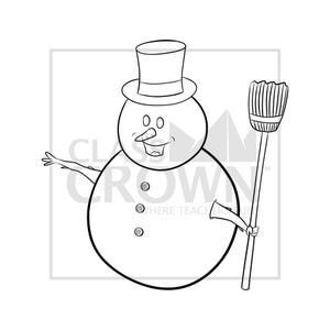 May include: Black and white illustration of a snowman wearing a top hat and holding a broom. The snowman has a carrot nose, button eyes, and a smiling mouth. The text "Class Crown Where Teachers Rule" is partially visible.