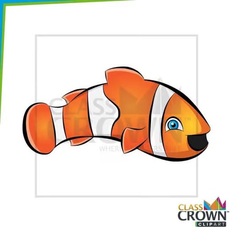 Pu&ograve; includere: Illustrazione di un pesce pagliaccio dei cartoni animati. Il pesce &egrave; arancione con strisce bianche e contorni neri. Ha un occhio blu e una bocca nera sorridente. L'immagine &egrave; su sfondo bianco.