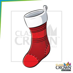 May include: A red Christmas stocking with a white cuff and loop for hanging. The stocking has horizontal stripes and stitched details. The image includes the text "CLASS CROWN CLIPART".