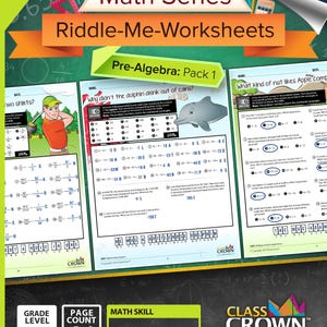 K&ouml;nnte beinhalten: Ein Paket mit Pre-Algebra-Mathematik-Arbeitsbl&auml;ttern f&uuml;r die Klassen 5-8 mit dem Titel "Riddle-Me-Worksheets". Das Cover zeigt ein gr&uuml;nes und orangefarbenes Banner mit dem Text "Math Series" und "Pre-Algebra: Pack 1".